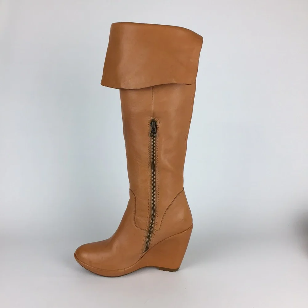 Kork Ease Adrianne Tan Leather Tall OTK Over the Knee Wedge Boot 6